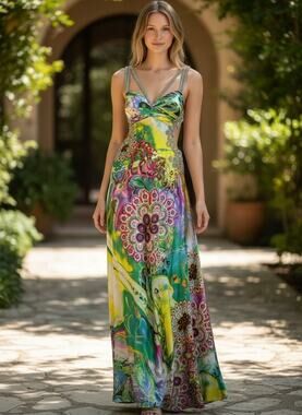 Camille Gown Maxi Dress Women's 0 Multicolor Cut-Out Back Beaded Double Strap